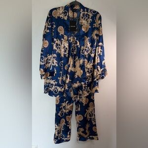 Elegant Blue and Gold Women's 3 piece Pajama Set size Medium